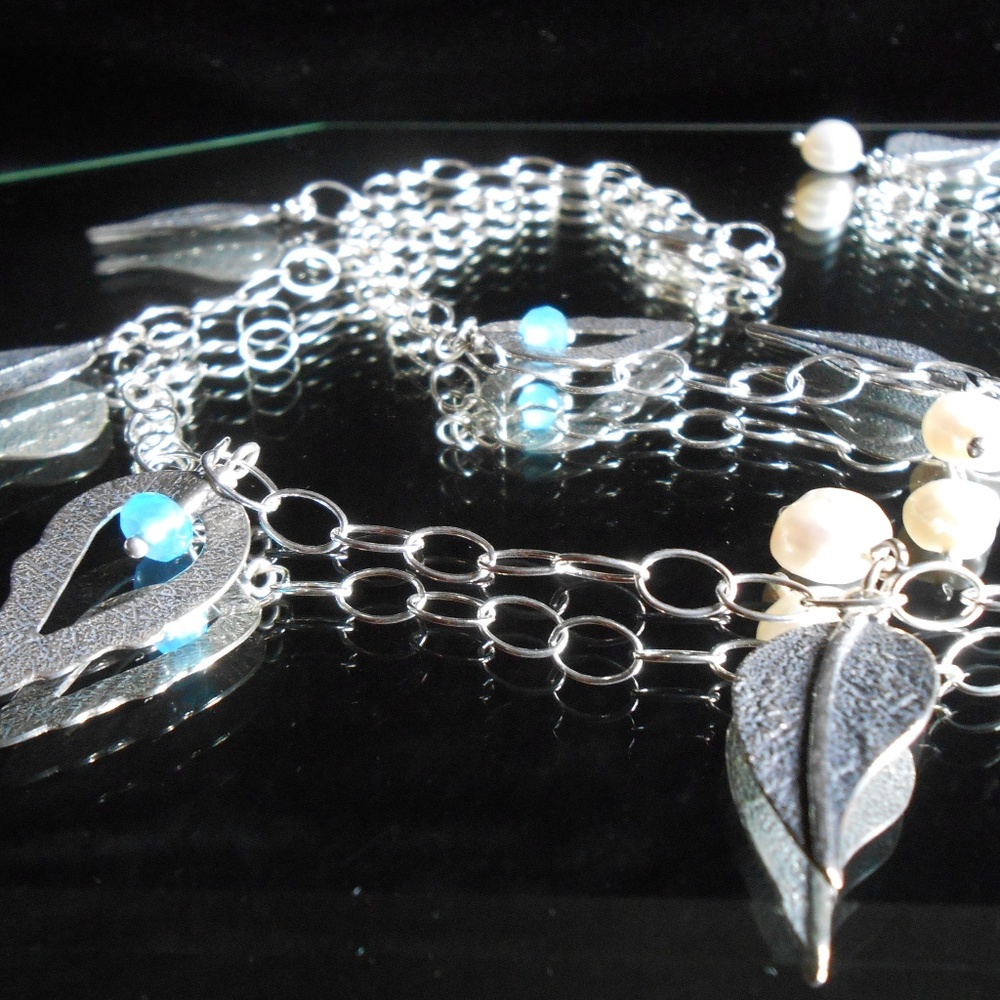 Silver Leaf Necklace Freshwater Cultured Pearls - Picture 5 of 6